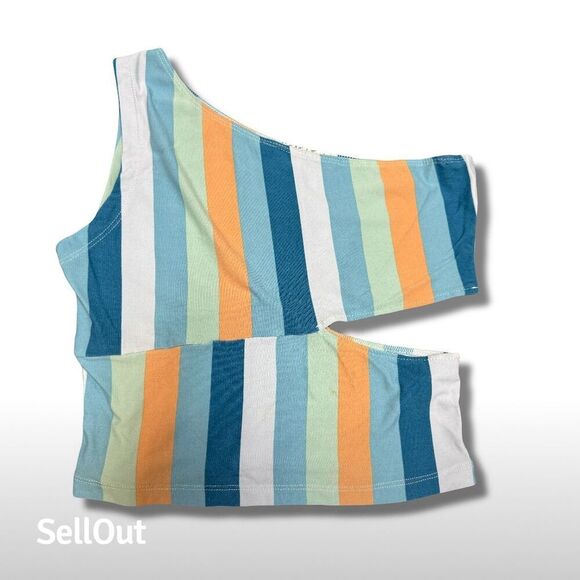 Full Circle Trends Women's Striped Outfit Size L Off-Shoulder High-Waist Set - Picture 6 of 9